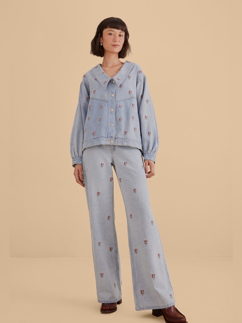 Farm Rio Rose Embroidered Denim Pants - Picture 3 of 15